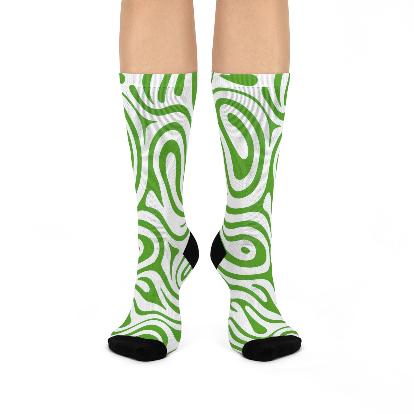 Trendy Cushioned Crew Socks - Green Swirl Design, Cozy Footwear, Fashion Gift, Everyday Comfort, Unique Pattern