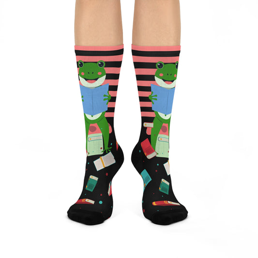 Whimsical Frog Reading Crew Socks | Fun Gift for Book Lovers, Cozy Socks for Kids, Cute Novelty Socks, Holiday Stocking Stuffers