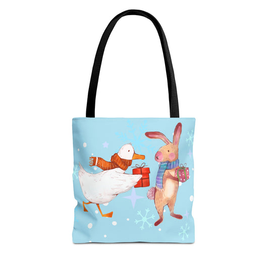 Whimsical Holiday Tote Bag, Cute Animal Gift Bag, Winter Shopping Tote, Christmas Present Carrier, Festive Eco-friendly Bag