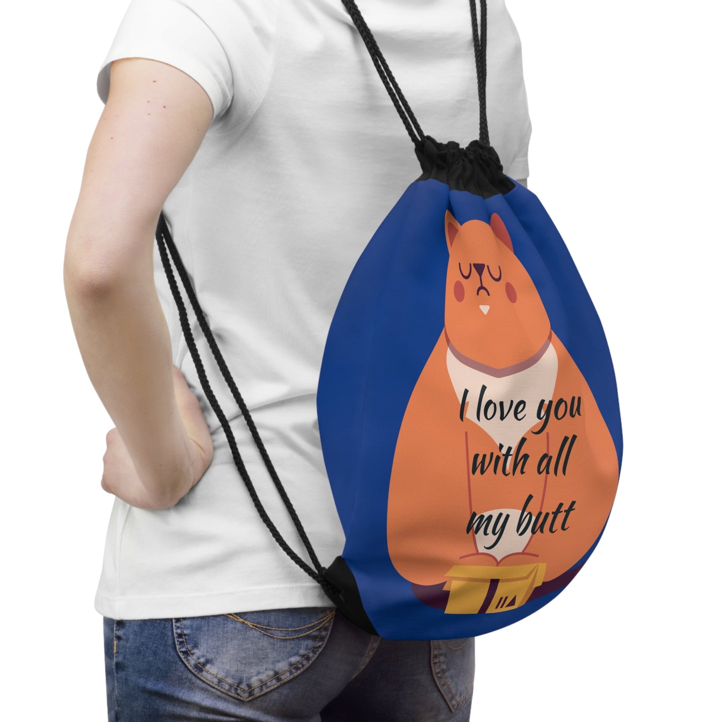 Cute Cat Drawstring Bag - "I Love You with All My Butt" - Funny Gifts for Cat Lovers, Gym Bag, Tote, Personalized Bag, Eco-Friendly