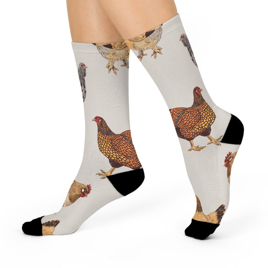 Chicken Pattern Crew Socks — Cushioned Farm Hen Novelty Socks