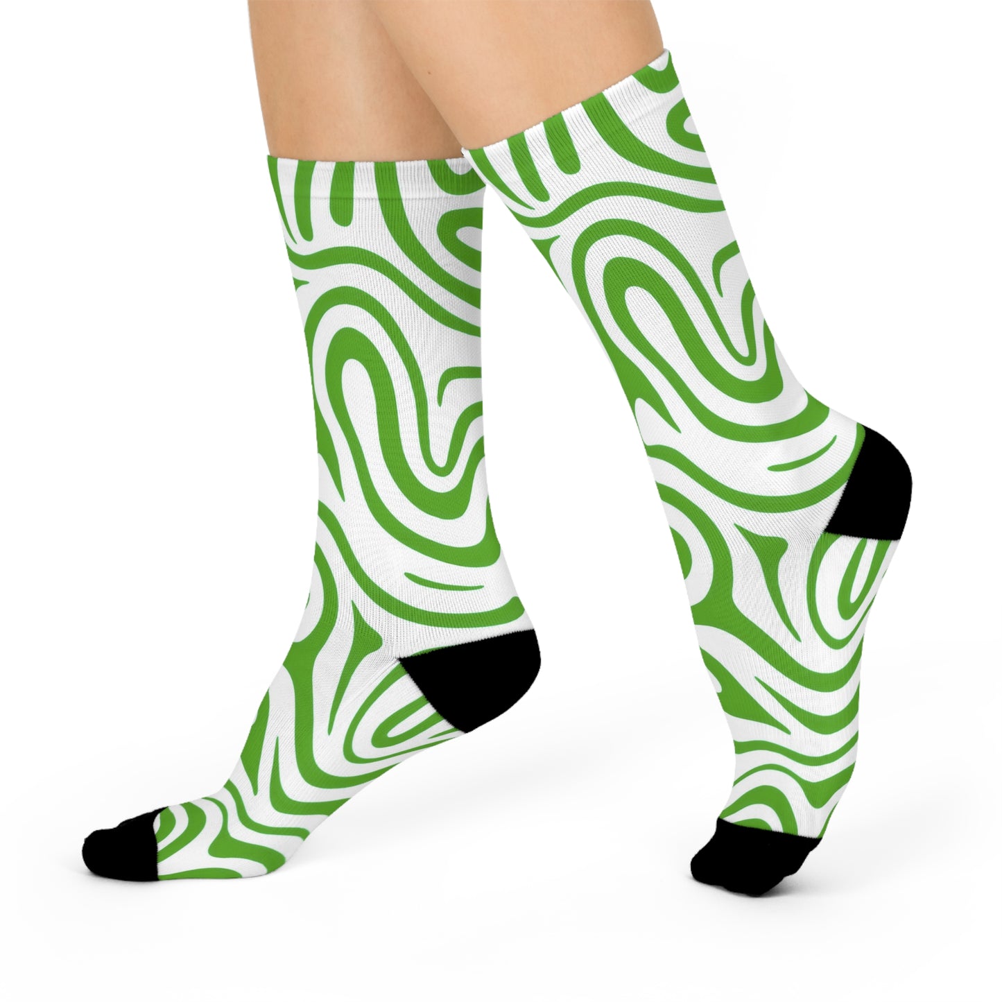 Trendy Cushioned Crew Socks - Green Swirl Design, Cozy Footwear, Fashion Gift, Everyday Comfort, Unique Pattern
