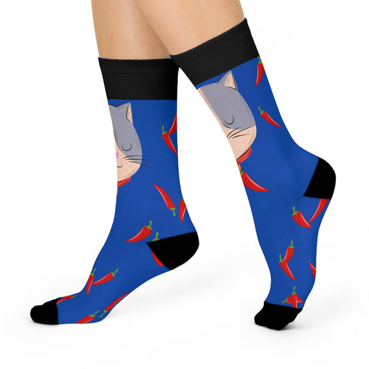 Playful Cat Chili Pepper Crew Socks, Fun Gift for Cat Lovers, Comfy Home Socks, Cozy Holiday Accessory, Cute Novelty Gift