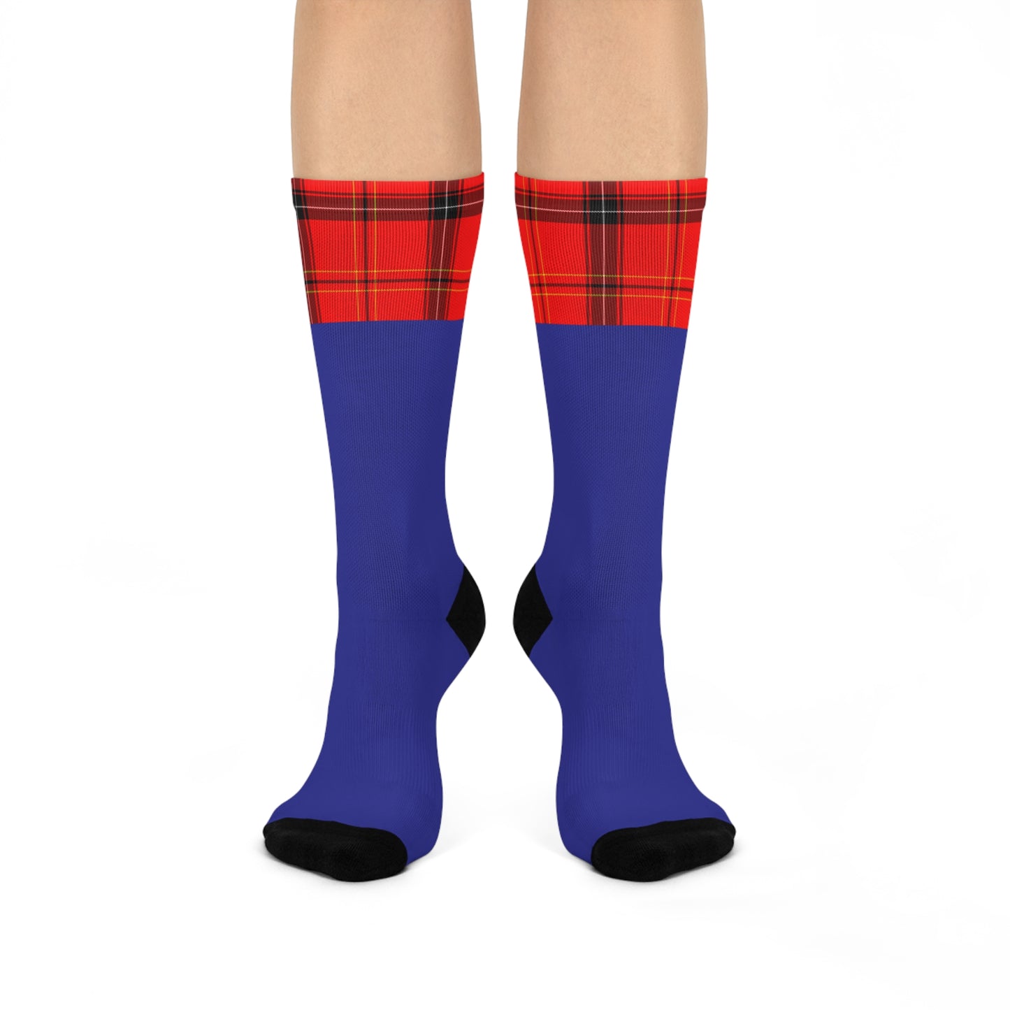 Blue Crew Socks with Red Tartan Cuff — Cushioned Plaid Accent Socks
