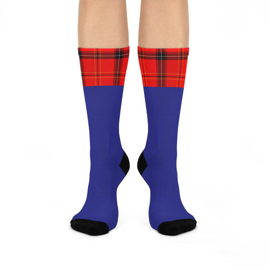 Blue Crew Socks with Red Tartan Cuff — Cushioned Plaid Accent Socks