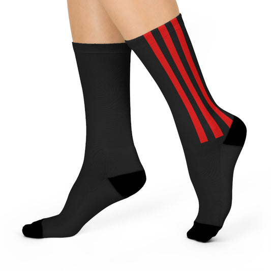 Cushioned Crew Socks — Black Athletic Socks with Red Racing Stripes