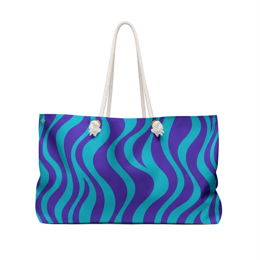 Blue Teal Wavy Stripe Weekender Bag — Nautical Beach Travel Tote
