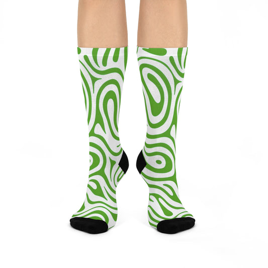 Trendy Cushioned Crew Socks - Green Swirl Design, Cozy Footwear, Fashion Gift, Everyday Comfort, Unique Pattern