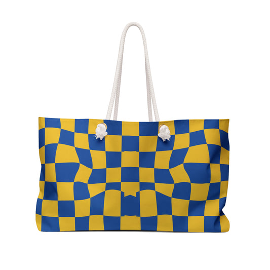 Checkerboard Wave Weekender Bag — Blue & Yellow Travel Tote