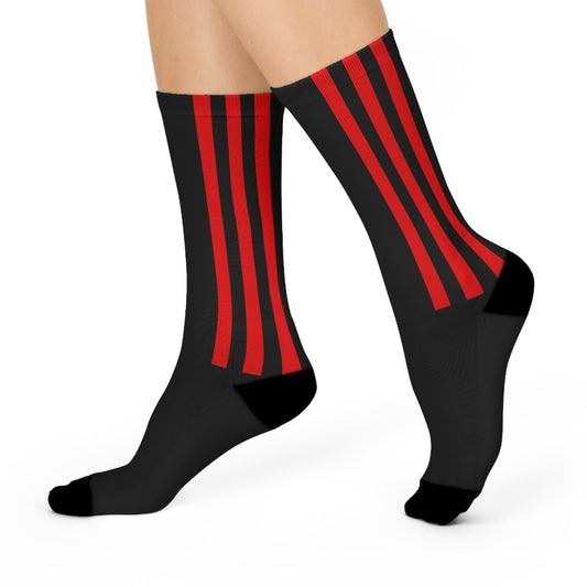 Cushioned Crew Socks — Black Athletic Socks with Red Racing Stripes