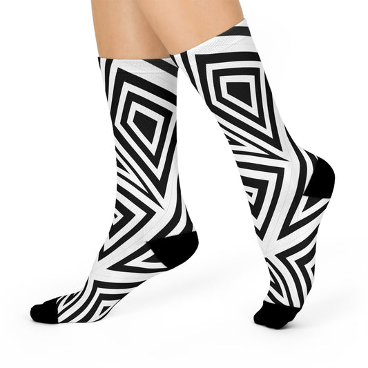 Geometric Pattern Cushioned Crew Socks - Stylish Socks for Cozy Vibes, Gift for Her, Home Comfort, Fashion Accessory, Black and White Design