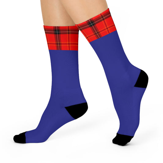 Blue Crew Socks with Red Tartan Cuff — Cushioned Plaid Accent Socks