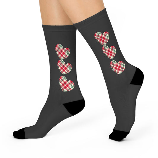 Cushioned Crew Socks – Plaid Heart Stack Pattern, Cozy Valentine & Winter Gift