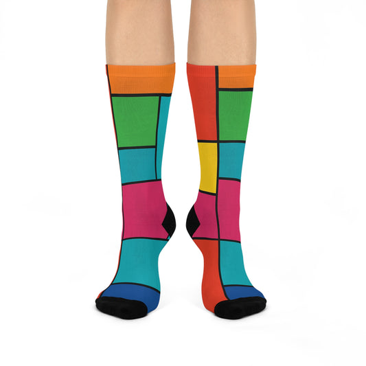 Colorful Geometric Cushioned Crew Socks | Fun Gift for Sock Lovers, Unique Patterned Footwear, Comfortable Everyday Wear, Unisex Style