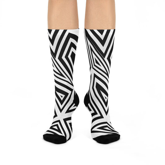 Geometric Pattern Cushioned Crew Socks - Stylish Socks for Cozy Vibes, Gift for Her, Home Comfort, Fashion Accessory, Black and White Design