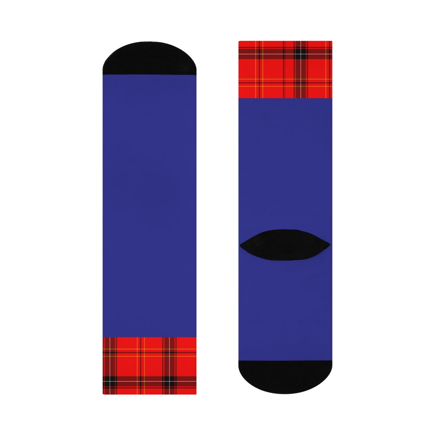 Blue Crew Socks with Red Tartan Cuff — Cushioned Plaid Accent Socks