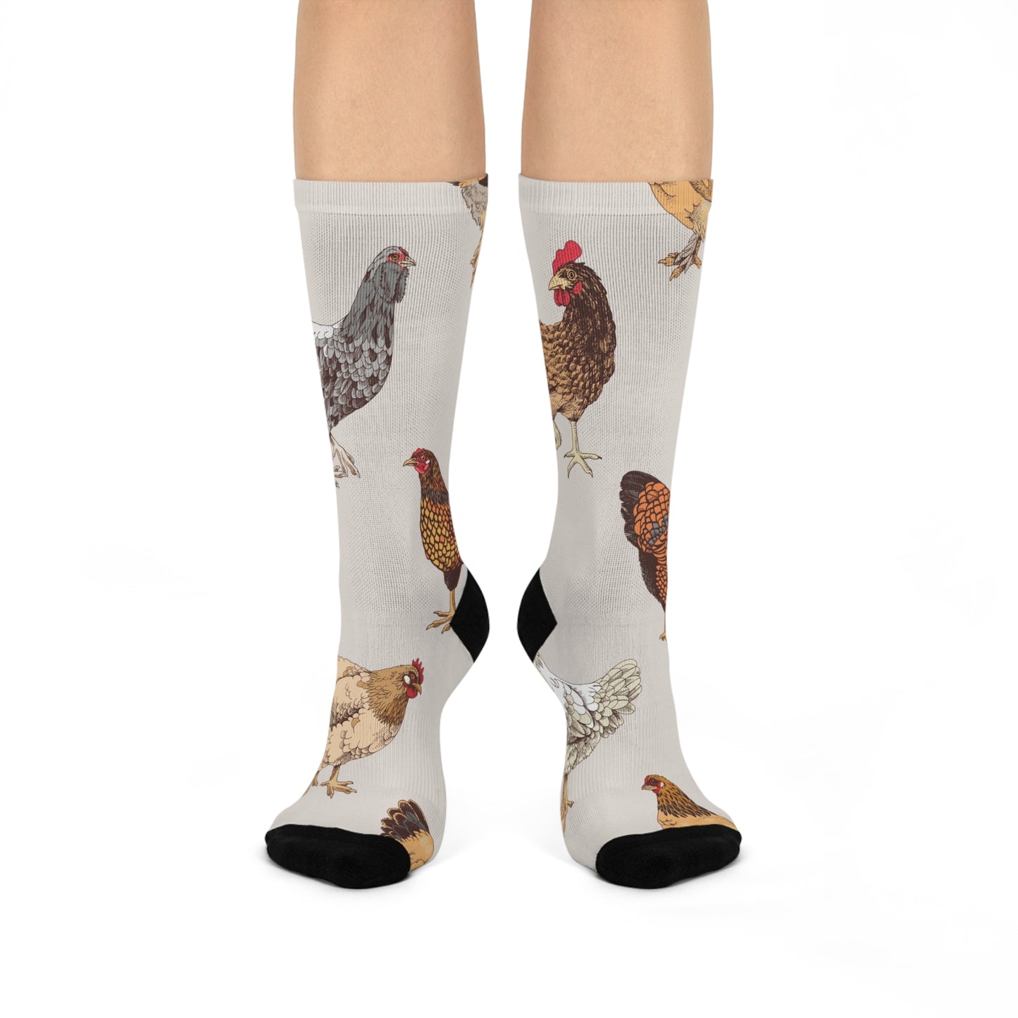 Chicken Pattern Crew Socks — Cushioned Farm Hen Novelty Socks