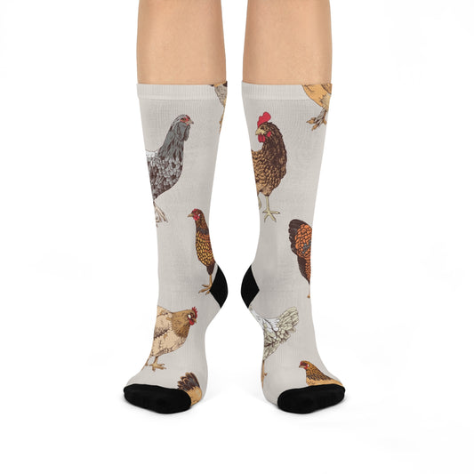 Chicken Pattern Crew Socks — Cushioned Farm Hen Novelty Socks
