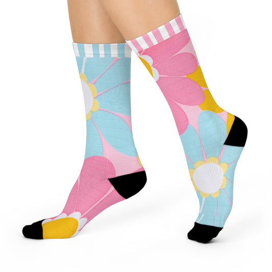 Colorful Floral Cushioned Crew Socks, Cozy Socks for Spring, Flower Patterned Gift, Cute Socks for Women, Everyday Comfort Wear