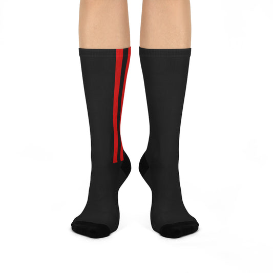 Cushioned Crew Socks — Black Athletic Socks with Red Racing Stripes