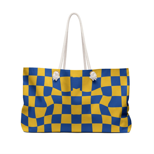 Checkerboard Wave Weekender Bag — Blue & Yellow Travel Tote