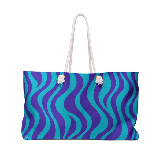 Blue Teal Wavy Stripe Weekender Bag — Nautical Beach Travel Tote