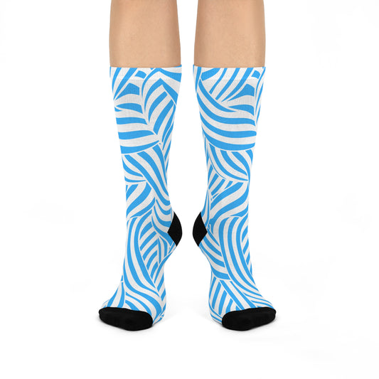 Stylish Cushioned Crew Socks with Blue Wave Design, Comfortable Socks for Home, Activewear, Gifts, Holidays, Everyday Use