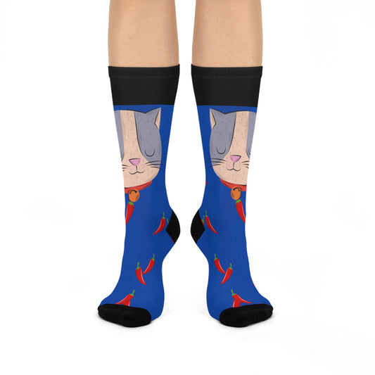 Playful Cat Chili Pepper Crew Socks, Fun Gift for Cat Lovers, Comfy Home Socks, Cozy Holiday Accessory, Cute Novelty Gift
